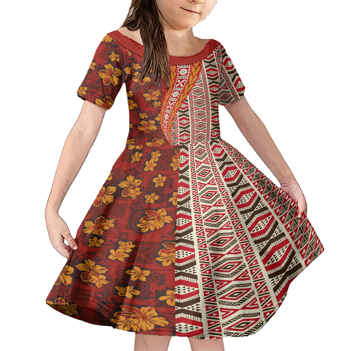 Hawaii Native Tapa Elements and Hibiscus Flowers Kid Short Sleeve Dress LT03 KID Red - Polynesian Pride