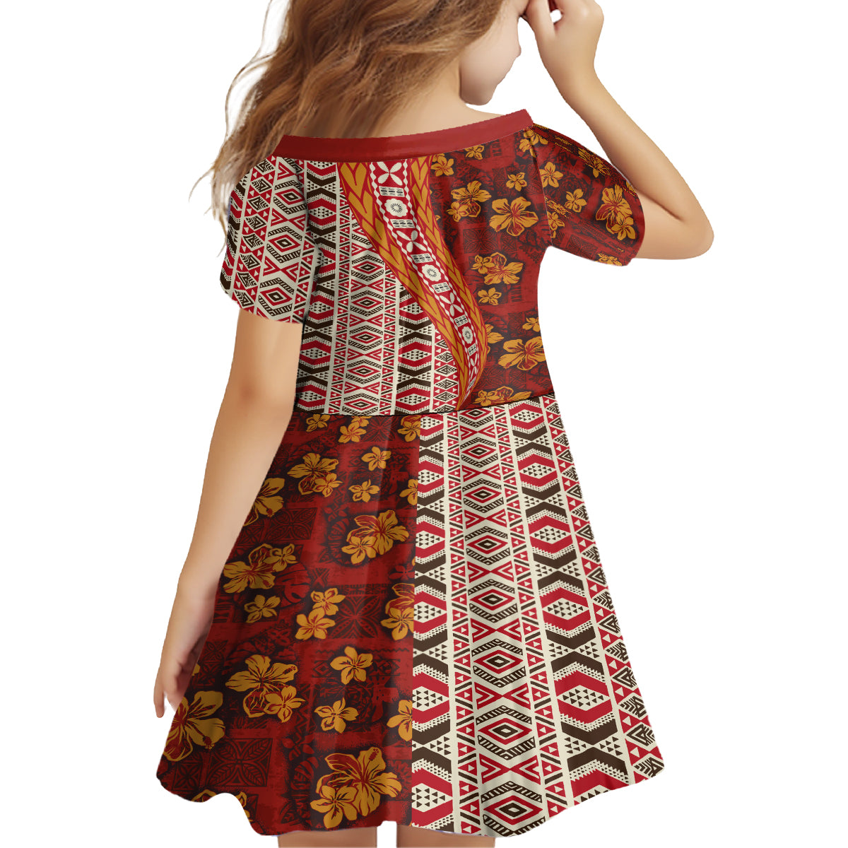 Hawaii Native Tapa Elements and Hibiscus Flowers Kid Short Sleeve Dress LT03 - Polynesian Pride