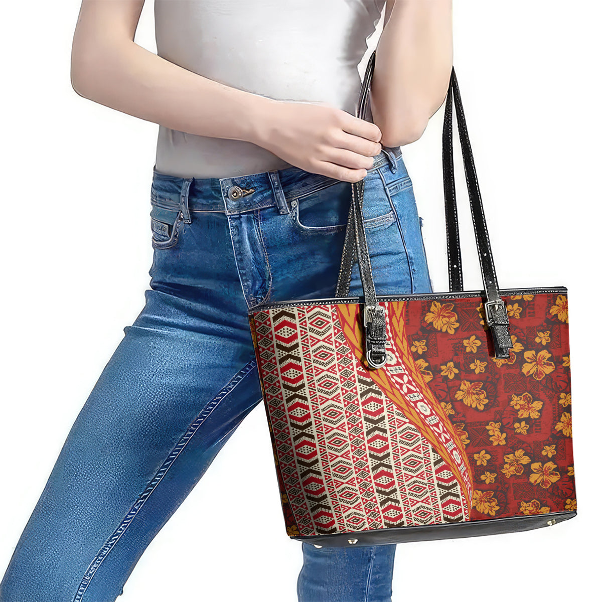 Hawaii Native Tapa Elements and Hibiscus Flowers Leather Tote Bag LT03 - Polynesian Pride
