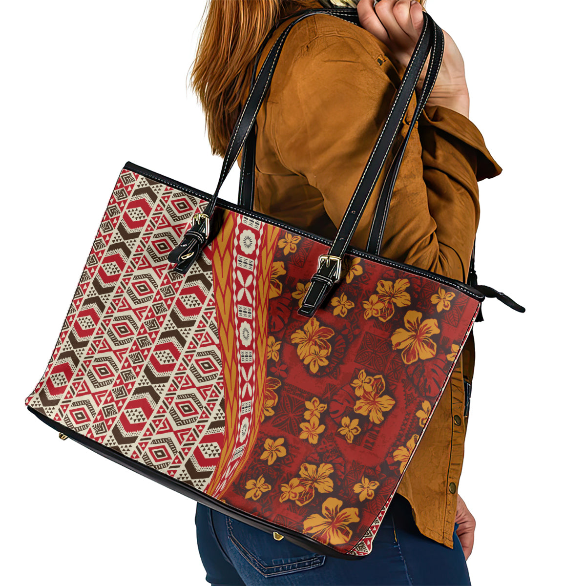 Hawaii Native Tapa Elements and Hibiscus Flowers Leather Tote Bag LT03 - Polynesian Pride