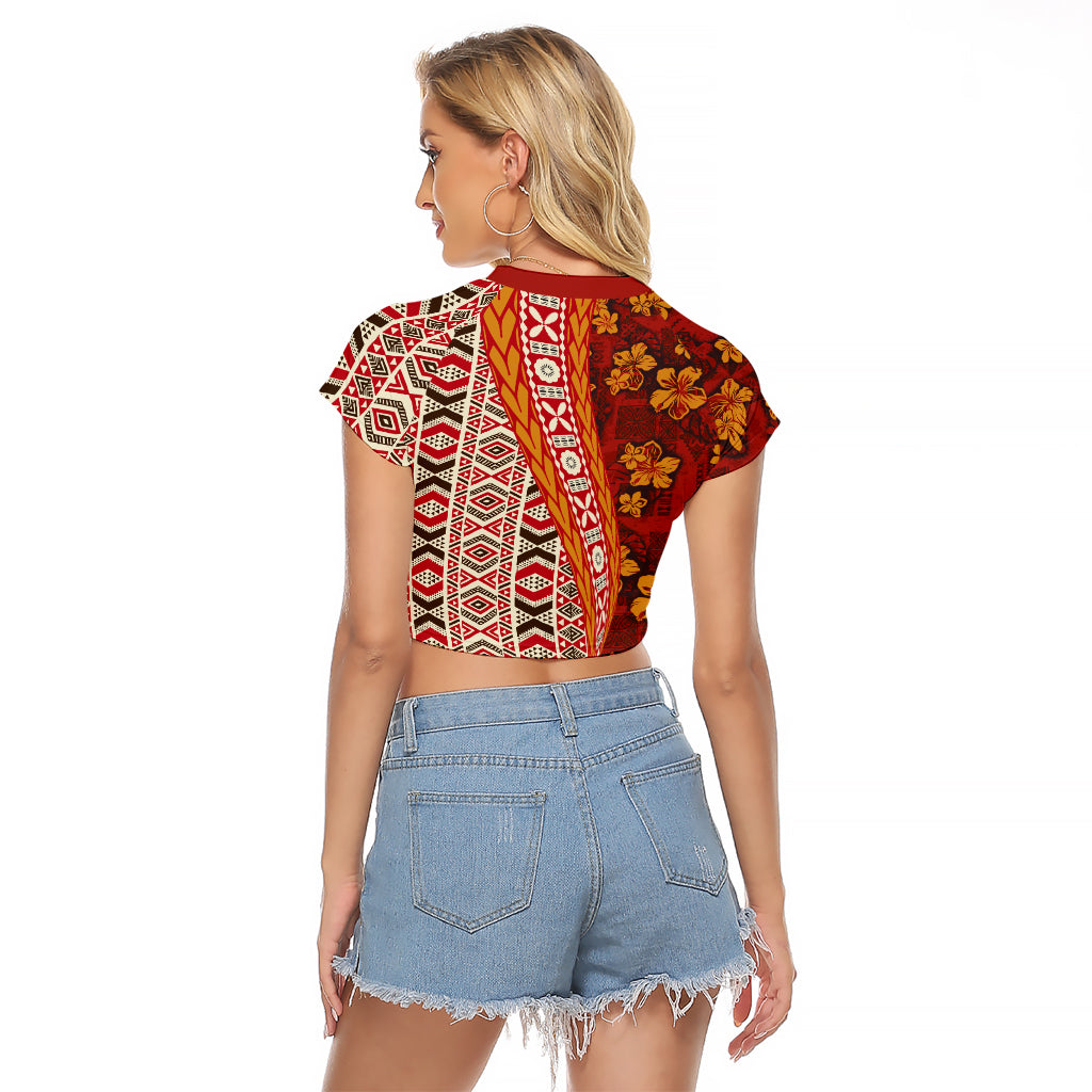 Hawaii Native Tapa Elements and Hibiscus Flowers Raglan Cropped T Shirt LT03 - Polynesian Pride