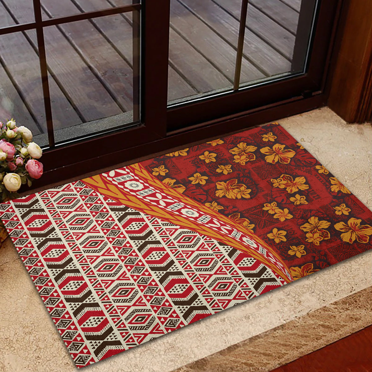 Hawaii Native Tapa Elements and Hibiscus Flowers Rubber Doormat LT03 - Polynesian Pride