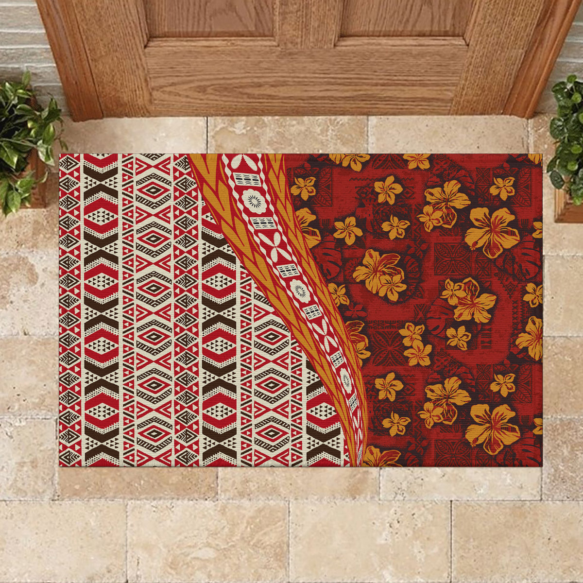 Hawaii Native Tapa Elements and Hibiscus Flowers Rubber Doormat LT03 - Polynesian Pride