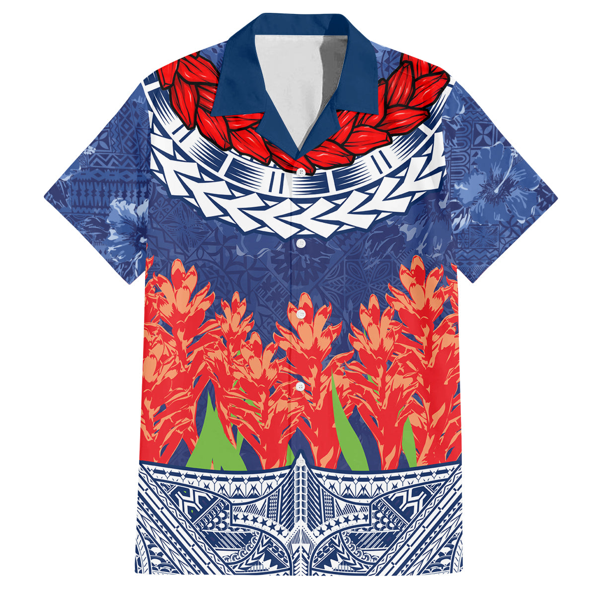 Samoan Tapa Family Matching Off Shoulder Maxi Dress and Hawaiian Shirt Ula Fala and Teuila Flower LT03 Dad's Shirt - Short Sleeve Blue - Polynesian Pride