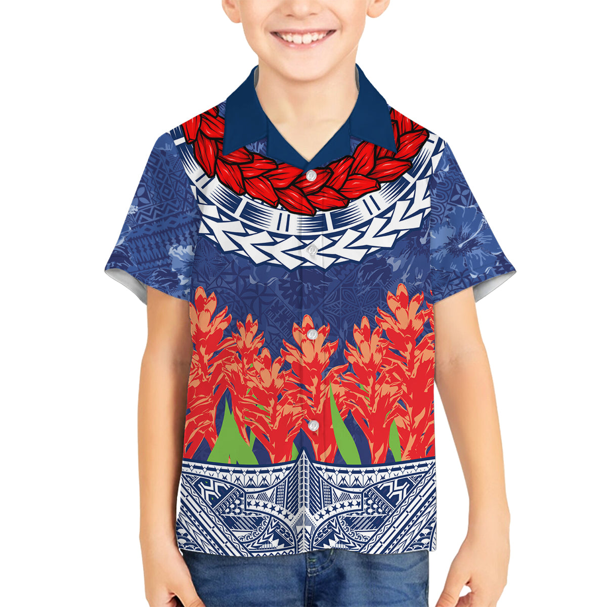 Samoan Tapa Family Matching Puletasi and Hawaiian Shirt Ula Fala and Teuila Flower LT03 Son's Shirt Blue - Polynesian Pride