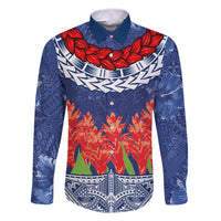Samoan Tapa Family Matching Summer Maxi Dress and Hawaiian Shirt Ula Fala and Teuila Flower LT03 Dad's Shirt - Long Sleeve Blue - Polynesian Pride