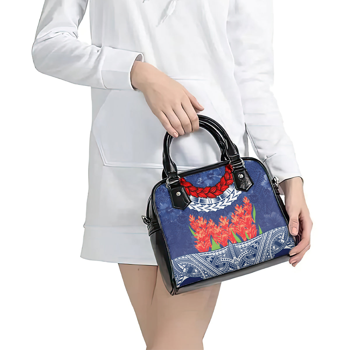 Samoan Tapa Shoulder Handbag Ula Fala and Teuila Flower LT03 - Polynesian Pride