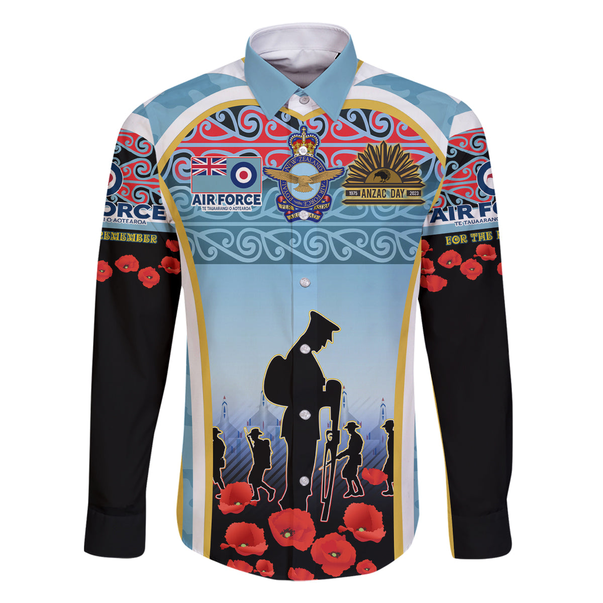 Royal New Zealand Air Force ANZAC Day Family Matching Off Shoulder Maxi Dress and Hawaiian Shirt Te Tauaarangi o Aotearoa LT03 Dad's Shirt - Long Sleeve Blue - Polynesian Pride