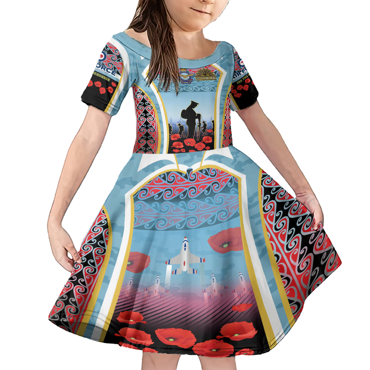 Royal New Zealand Air Force ANZAC Day Family Matching Short Sleeve Bodycon Dress and Hawaiian Shirt Te Tauaarangi o Aotearoa LT03 Daughter's Dress Blue - Polynesian Pride
