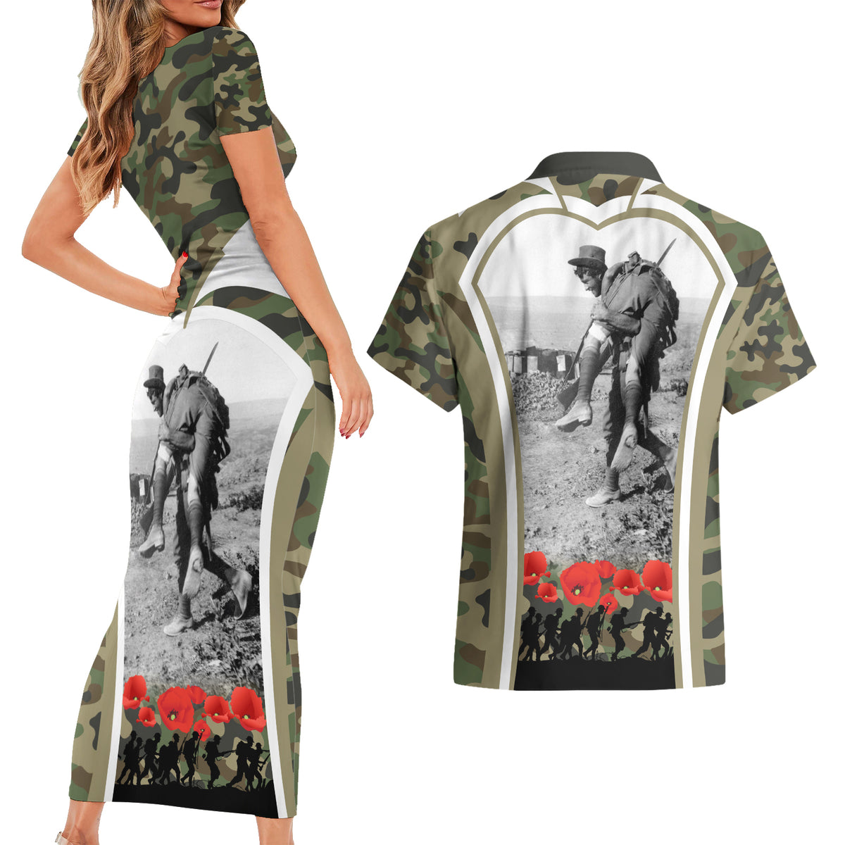 New Zealand and Australia ANZAC Day Couples Matching Short Sleeve Bodycon Dress and Hawaiian Shirt Koala and Kiwi Bird Soldier Gallipoli Camouflage Style LT03 - Polynesian Pride