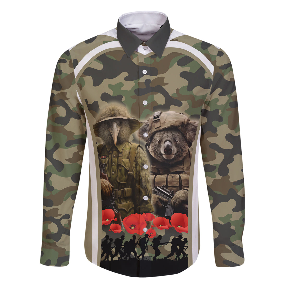New Zealand and Australia ANZAC Day Family Matching Off Shoulder Maxi Dress and Hawaiian Shirt Koala and Kiwi Bird Soldier Gallipoli Camouflage Style LT03 Dad's Shirt - Long Sleeve Green - Polynesian Pride