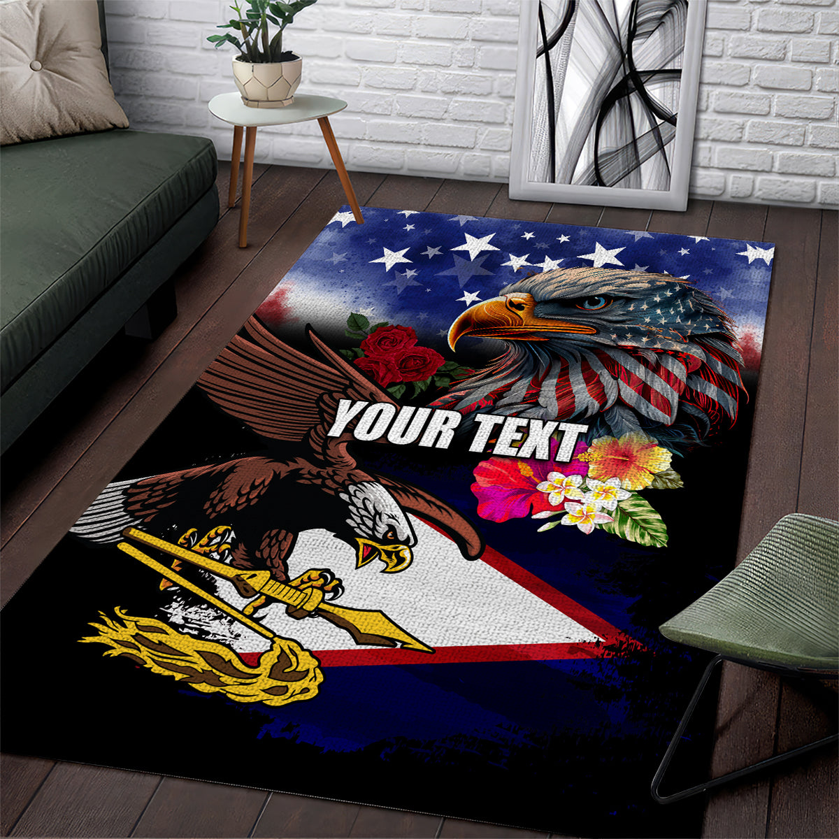 Personalised United States and American Samoa Area Rug Bald Eagle Rose and Hibiscus Flower LT03 Blue - Polynesian Pride
