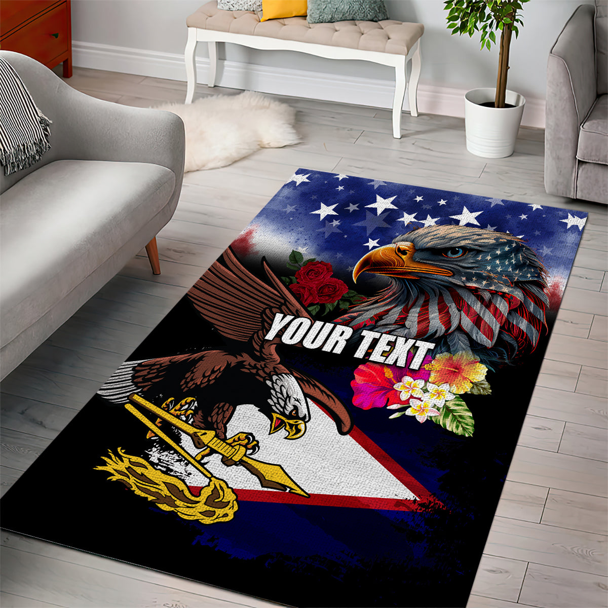 Personalised United States and American Samoa Area Rug Bald Eagle Rose and Hibiscus Flower LT03 - Polynesian Pride