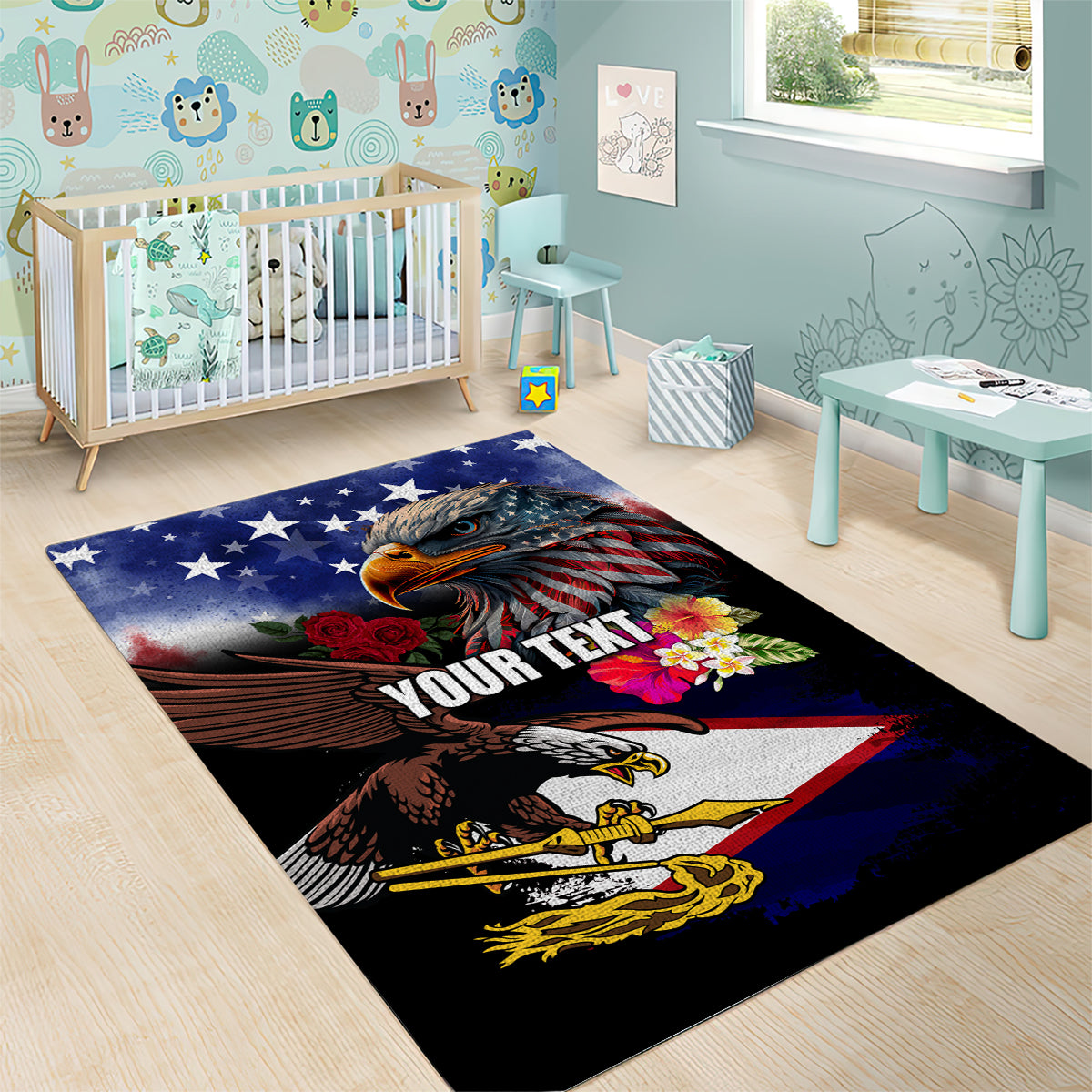 Personalised United States and American Samoa Area Rug Bald Eagle Rose and Hibiscus Flower LT03 - Polynesian Pride