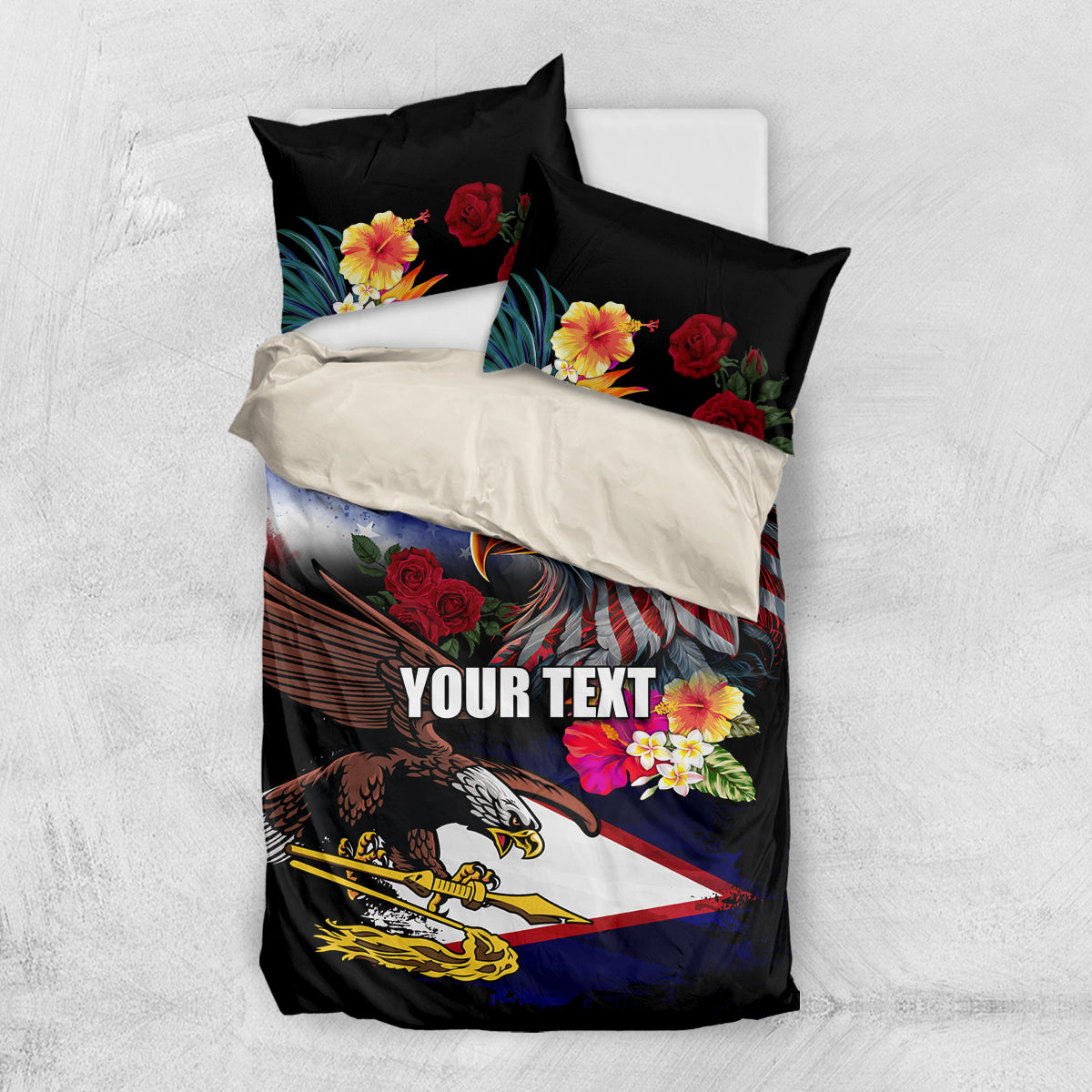Personalised United States and American Samoa Bedding Set Bald Eagle Rose and Hibiscus Flower