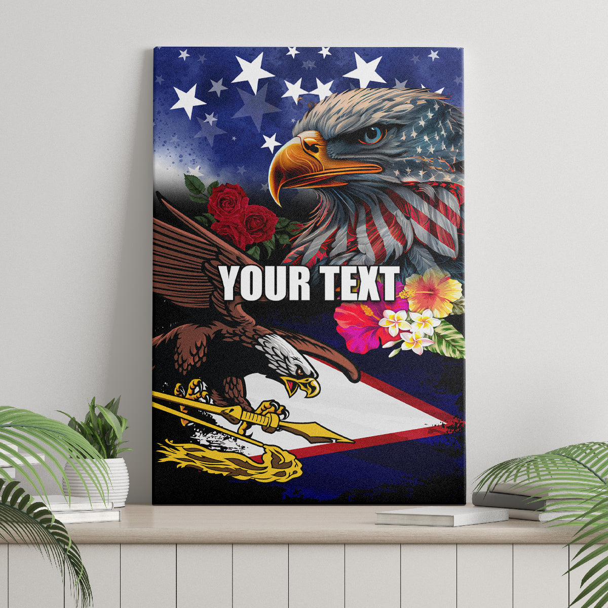 Personalised United States and American Samoa Canvas Wall Art Bald Eagle Rose and Hibiscus Flower