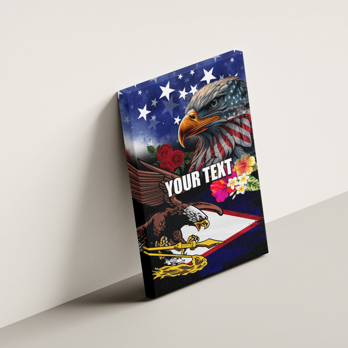 Personalised United States and American Samoa Canvas Wall Art Bald Eagle Rose and Hibiscus Flower