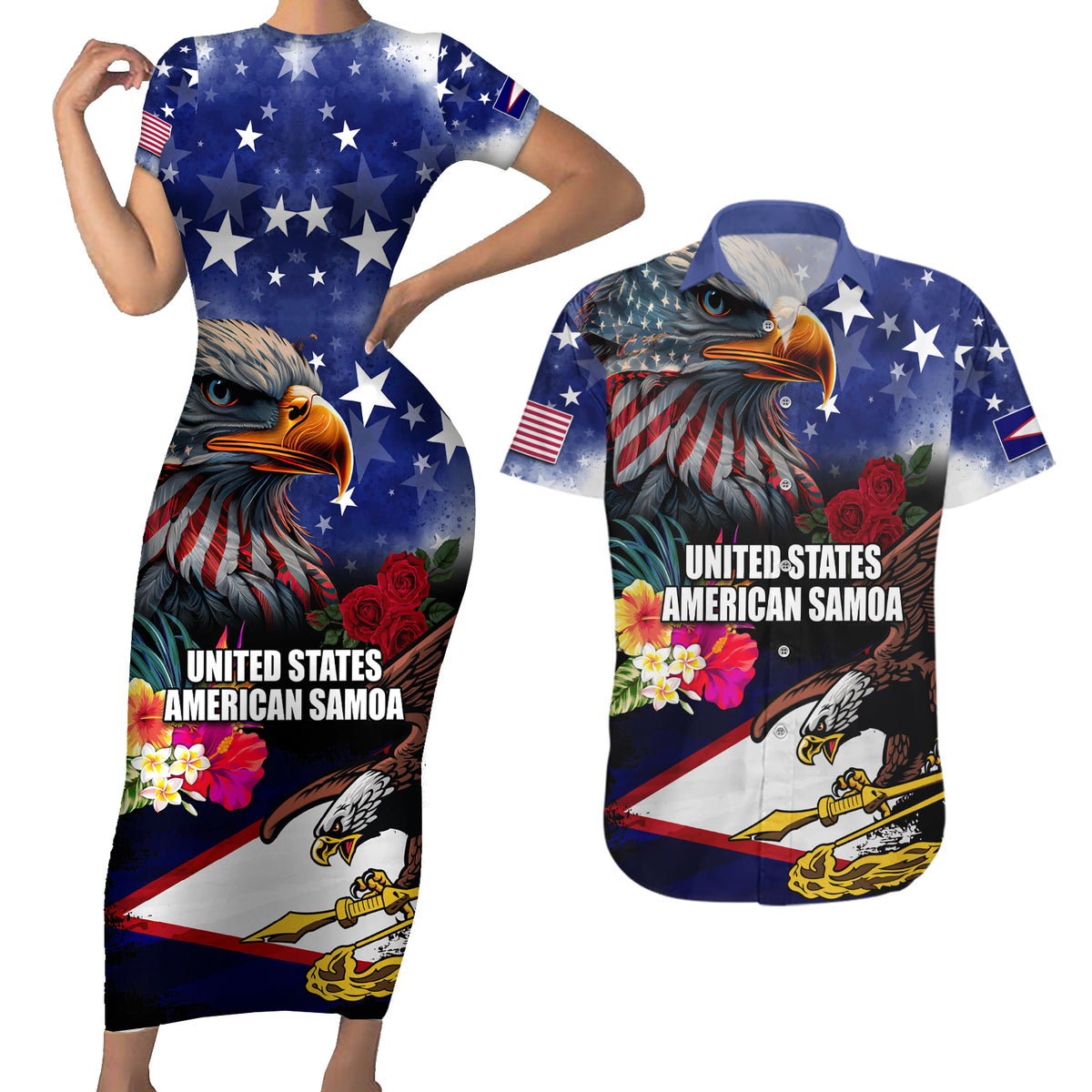 Personalised United States and American Samoa Couples Matching Short Sleeve Bodycon Dress and Hawaiian Shirt Bald Eagle Rose and Hibiscus Flower LT03 Blue - Polynesian Pride