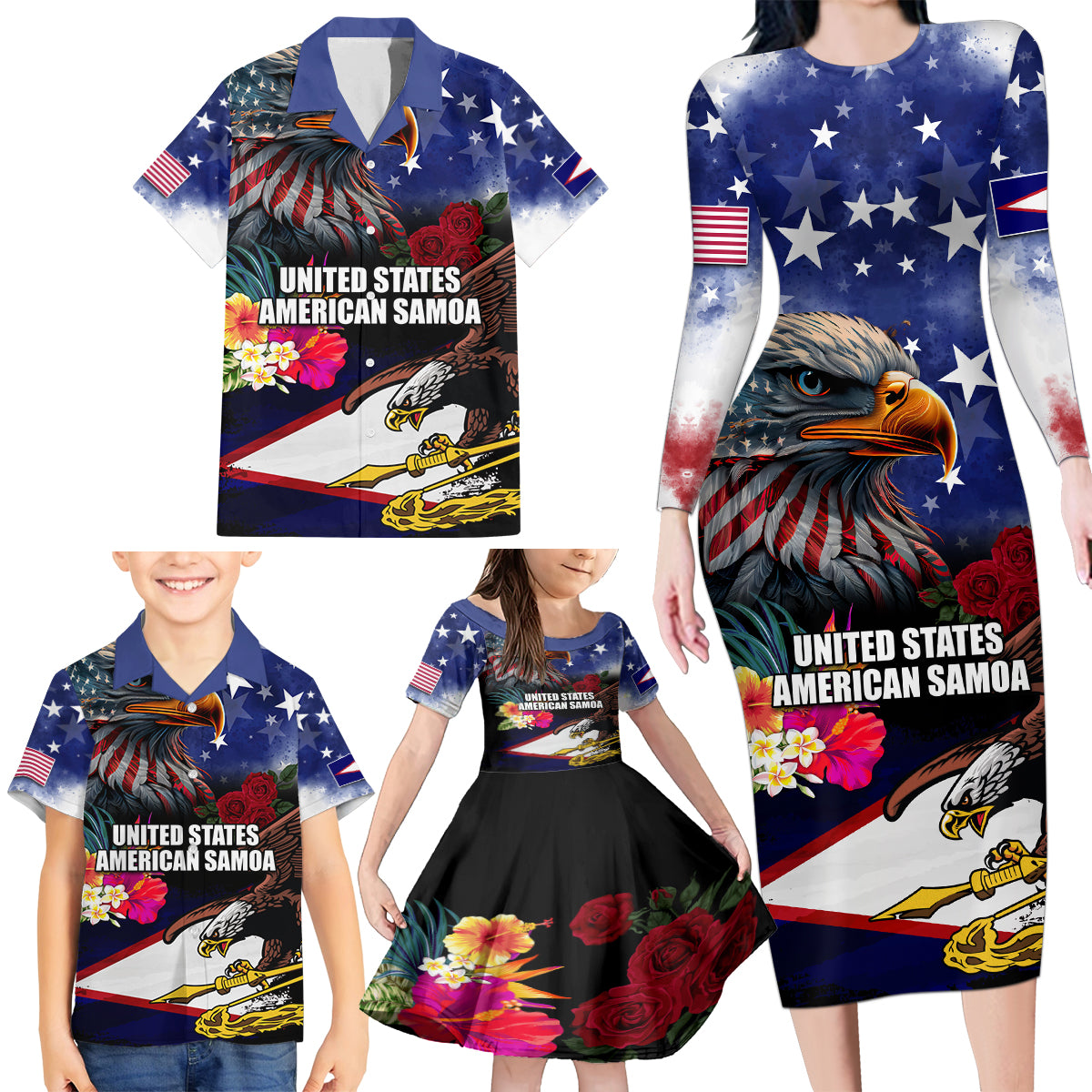Personalised United States and American Samoa Family Matching Long Sleeve Bodycon Dress and Hawaiian Shirt Bald Eagle Rose and Hibiscus Flower LT03 - Polynesian Pride