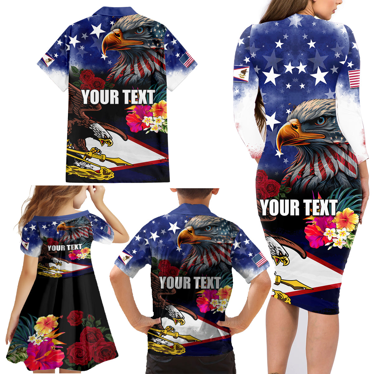 Personalised United States and American Samoa Family Matching Long Sleeve Bodycon Dress and Hawaiian Shirt Bald Eagle Rose and Hibiscus Flower LT03 - Polynesian Pride