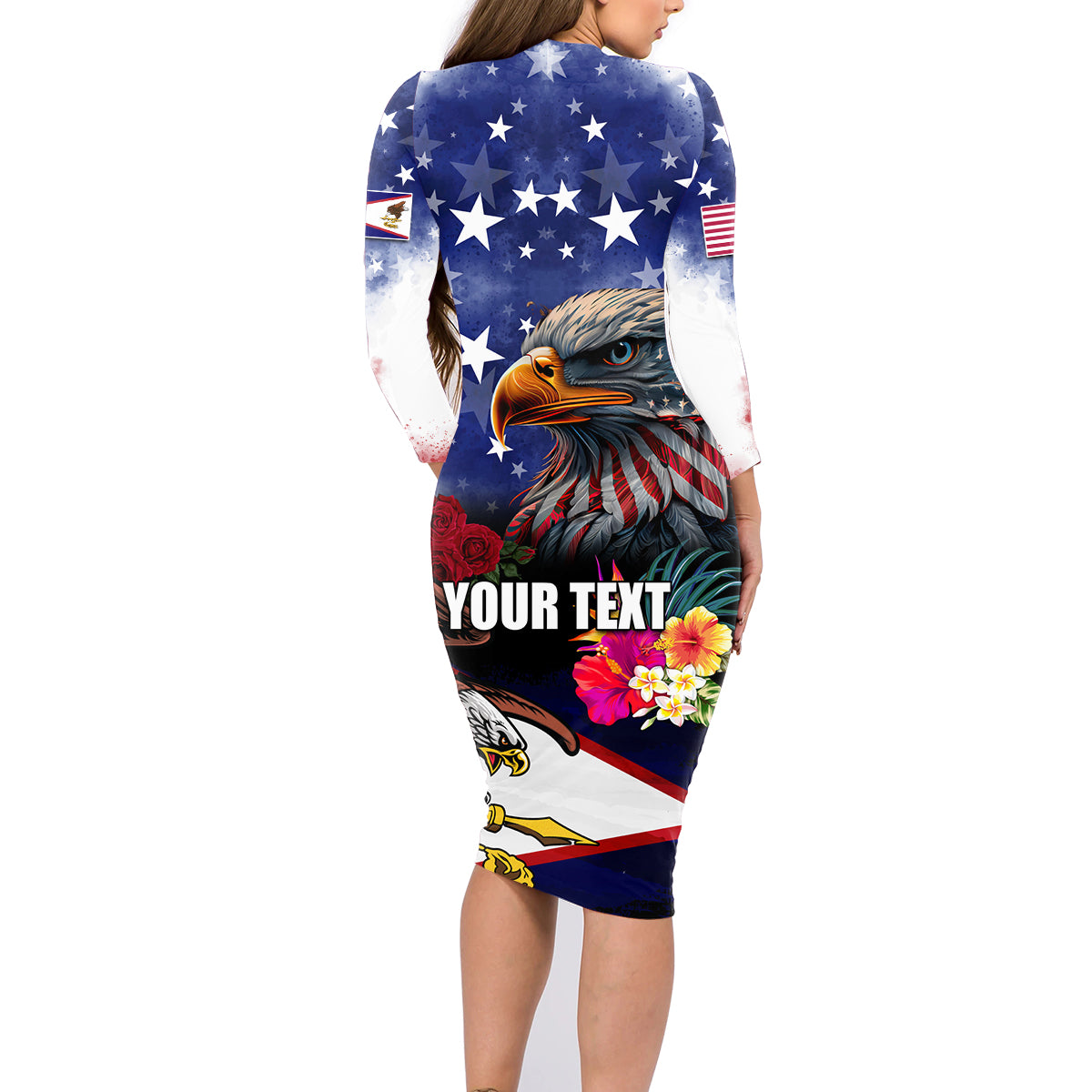 Personalised United States and American Samoa Family Matching Long Sleeve Bodycon Dress and Hawaiian Shirt Bald Eagle Rose and Hibiscus Flower LT03 - Polynesian Pride