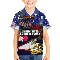 Personalised United States and American Samoa Family Matching Long Sleeve Bodycon Dress and Hawaiian Shirt Bald Eagle Rose and Hibiscus Flower LT03 Son's Shirt Blue - Polynesian Pride