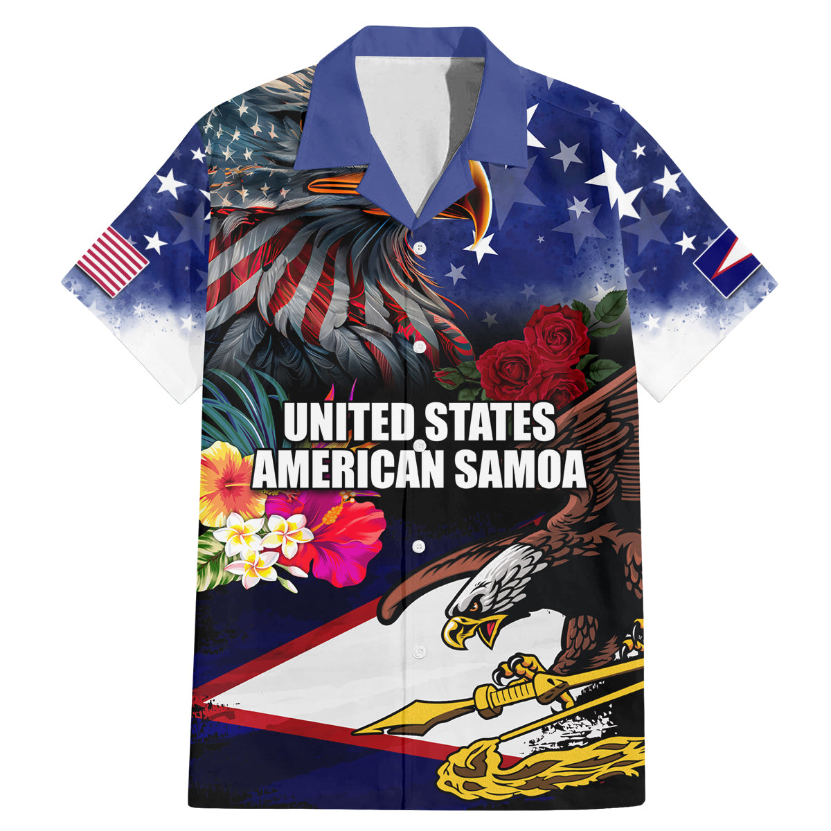 Personalised United States and American Samoa Family Matching Mermaid Dress and Hawaiian Shirt Bald Eagle Rose and Hibiscus Flower LT03 Dad's Shirt - Short Sleeve Blue - Polynesian Pride