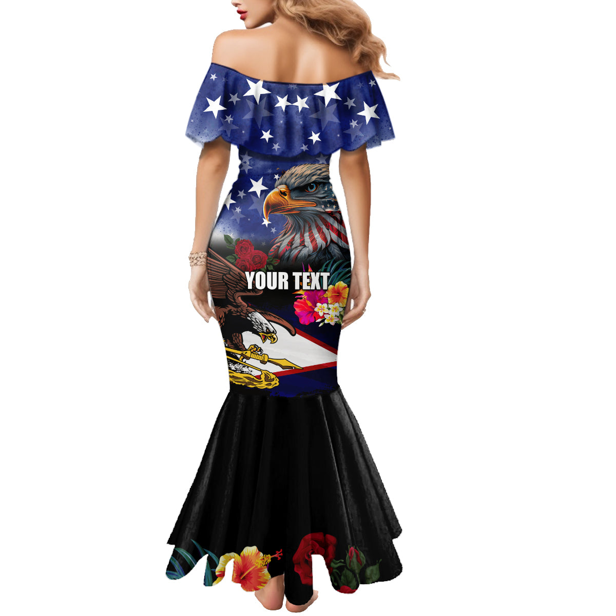Personalised United States and American Samoa Family Matching Mermaid Dress and Hawaiian Shirt Bald Eagle Rose and Hibiscus Flower LT03 - Polynesian Pride
