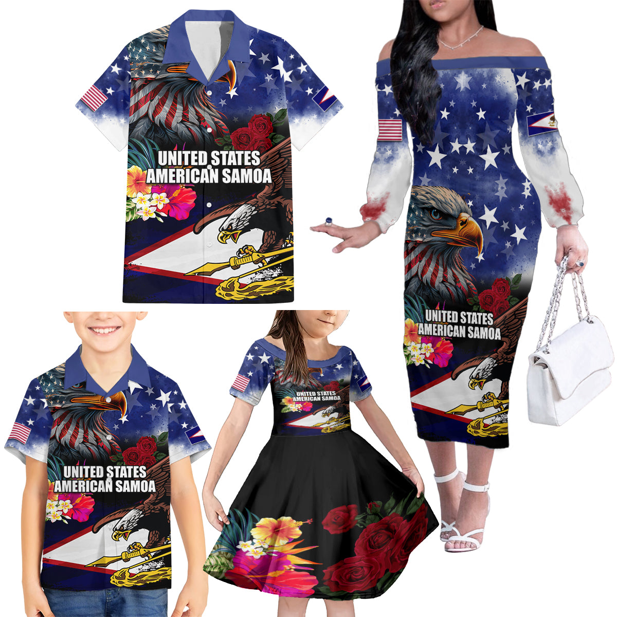 Personalised United States and American Samoa Family Matching Off The Shoulder Long Sleeve Dress and Hawaiian Shirt Bald Eagle Rose and Hibiscus Flower LT03 - Polynesian Pride