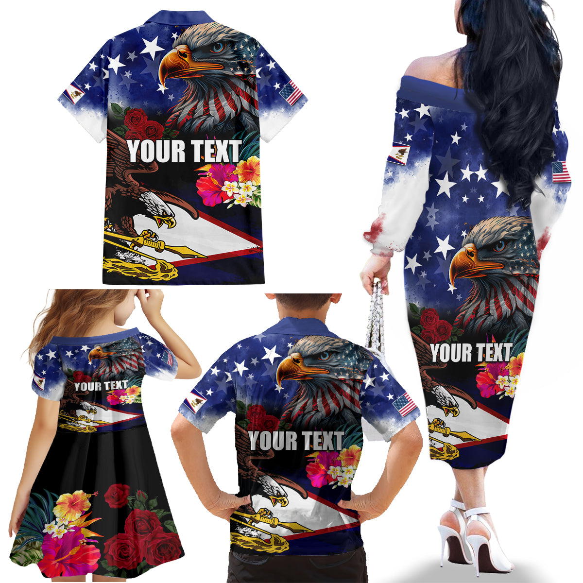 Personalised United States and American Samoa Family Matching Off The Shoulder Long Sleeve Dress and Hawaiian Shirt Bald Eagle Rose and Hibiscus Flower LT03 - Polynesian Pride