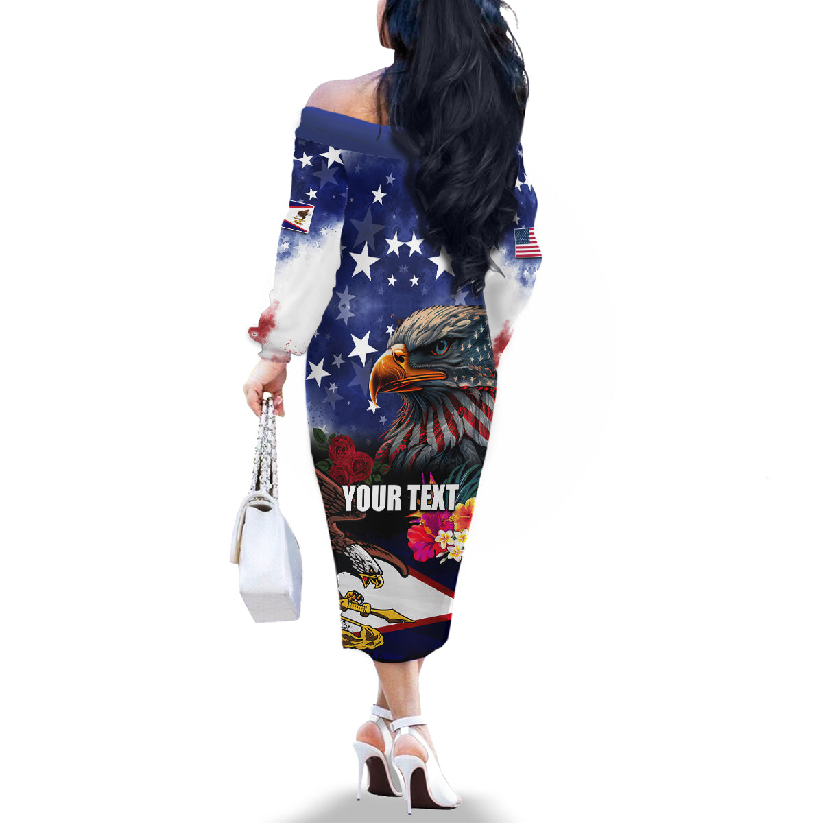 Personalised United States and American Samoa Family Matching Off The Shoulder Long Sleeve Dress and Hawaiian Shirt Bald Eagle Rose and Hibiscus Flower LT03 - Polynesian Pride