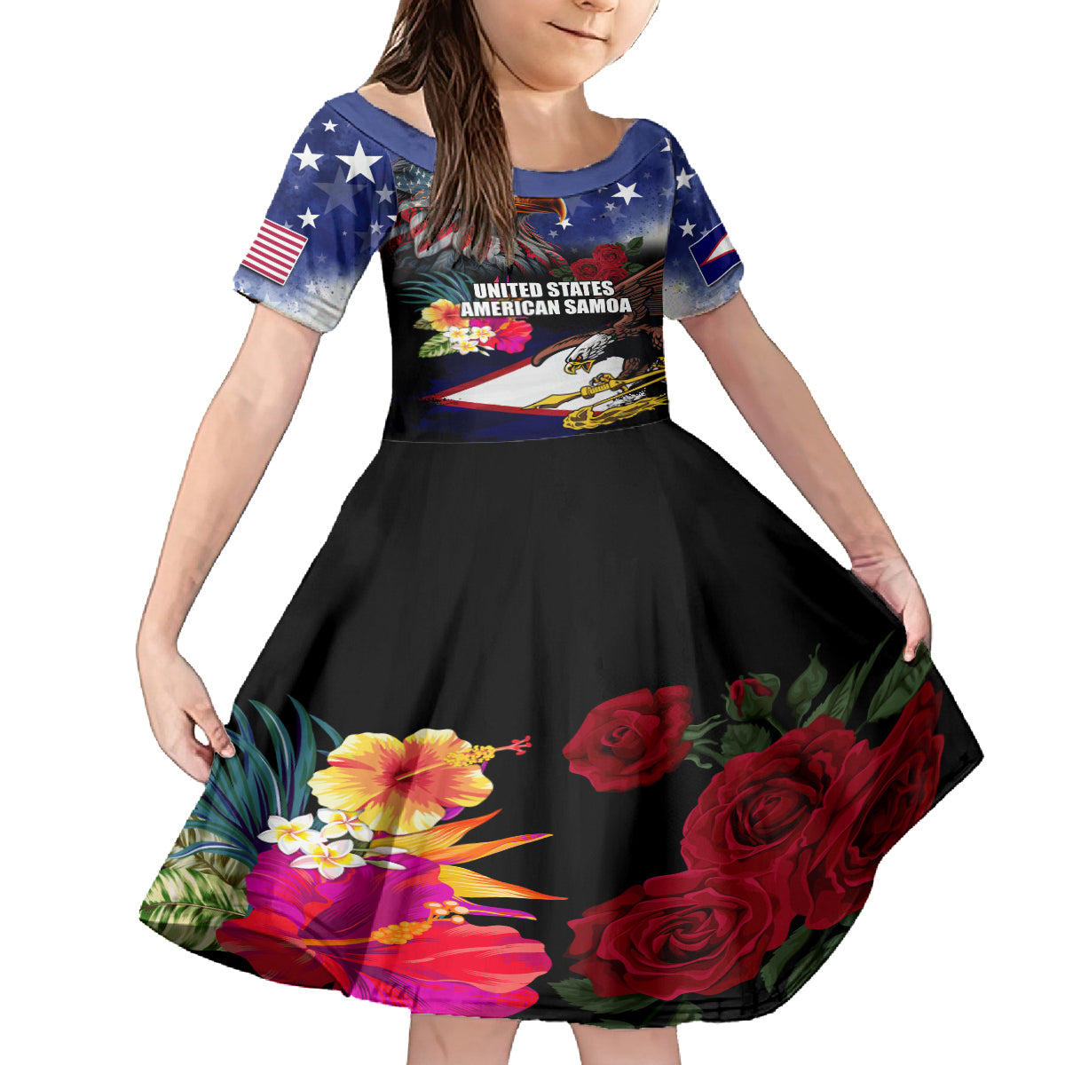 Personalised United States and American Samoa Family Matching Off Shoulder Maxi Dress and Hawaiian Shirt Bald Eagle Rose and Hibiscus Flower LT03 Daughter's Dress Blue - Polynesian Pride