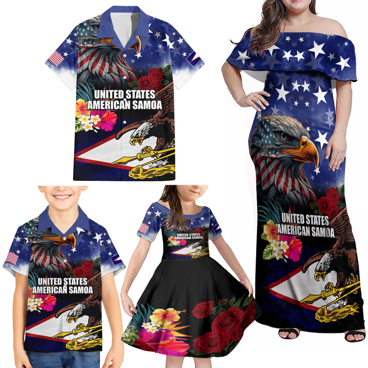 Personalised United States and American Samoa Family Matching Off Shoulder Maxi Dress and Hawaiian Shirt Bald Eagle Rose and Hibiscus Flower LT03 - Polynesian Pride