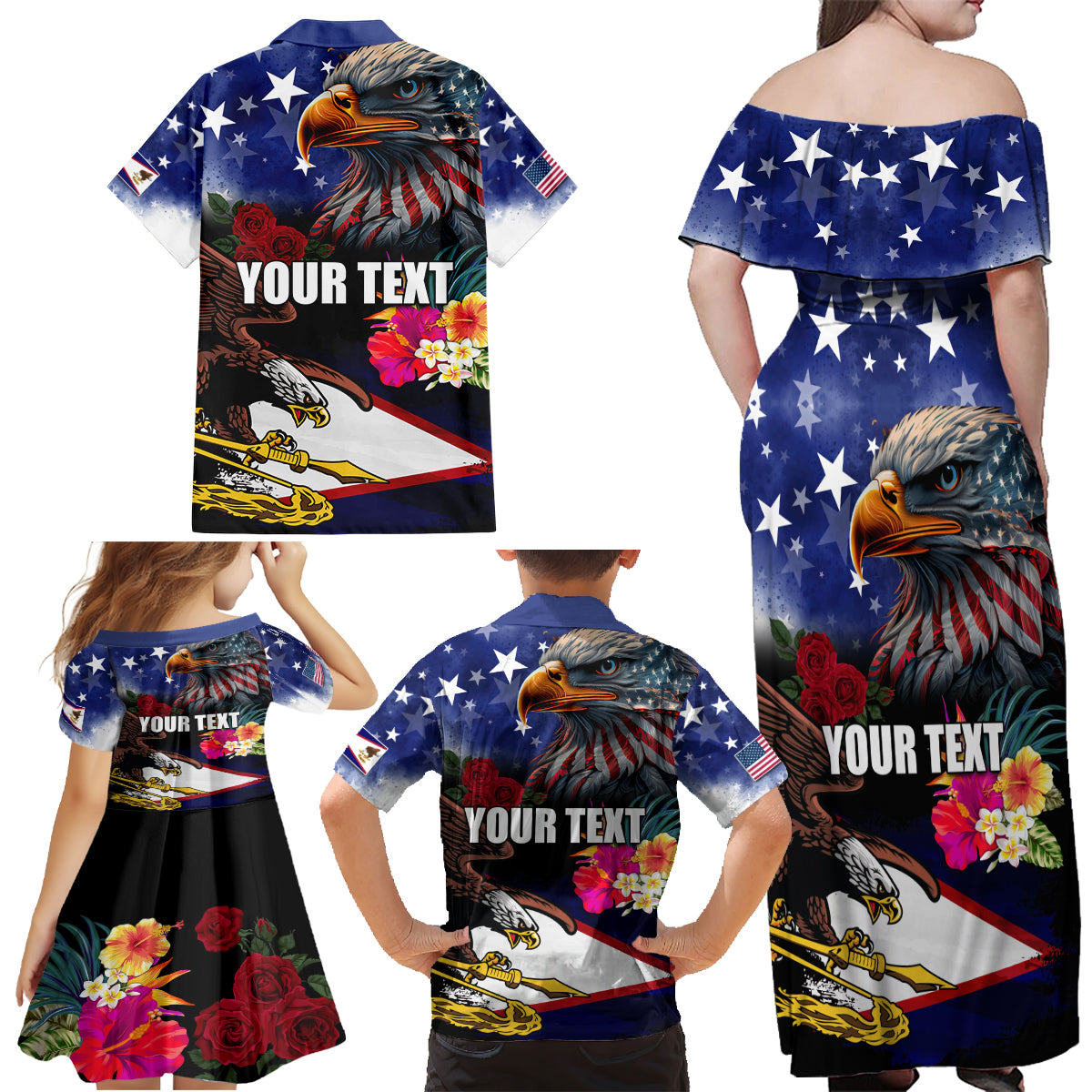 Personalised United States and American Samoa Family Matching Off Shoulder Maxi Dress and Hawaiian Shirt Bald Eagle Rose and Hibiscus Flower LT03 - Polynesian Pride