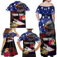 Personalised United States and American Samoa Family Matching Off Shoulder Maxi Dress and Hawaiian Shirt Bald Eagle Rose and Hibiscus Flower LT03 - Polynesian Pride