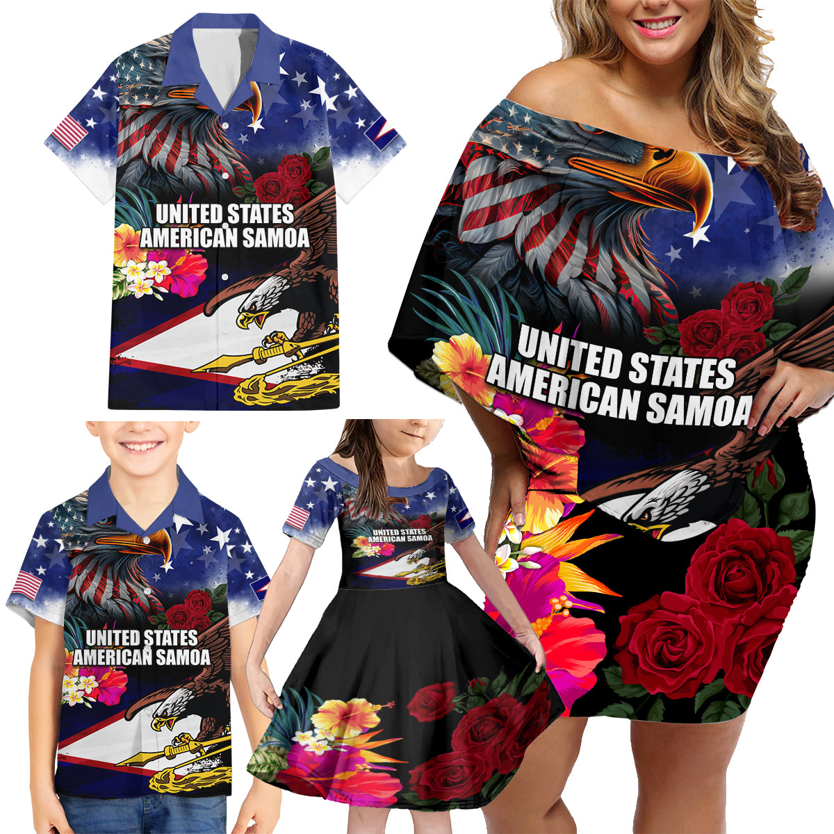 Personalised United States and American Samoa Family Matching Off Shoulder Short Dress and Hawaiian Shirt Bald Eagle Rose and Hibiscus Flower LT03 - Polynesian Pride