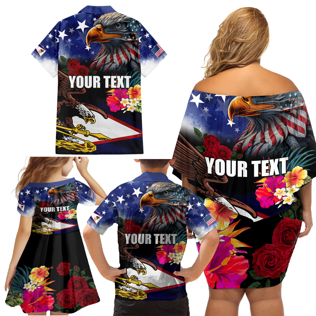Personalised United States and American Samoa Family Matching Off Shoulder Short Dress and Hawaiian Shirt Bald Eagle Rose and Hibiscus Flower LT03 - Polynesian Pride