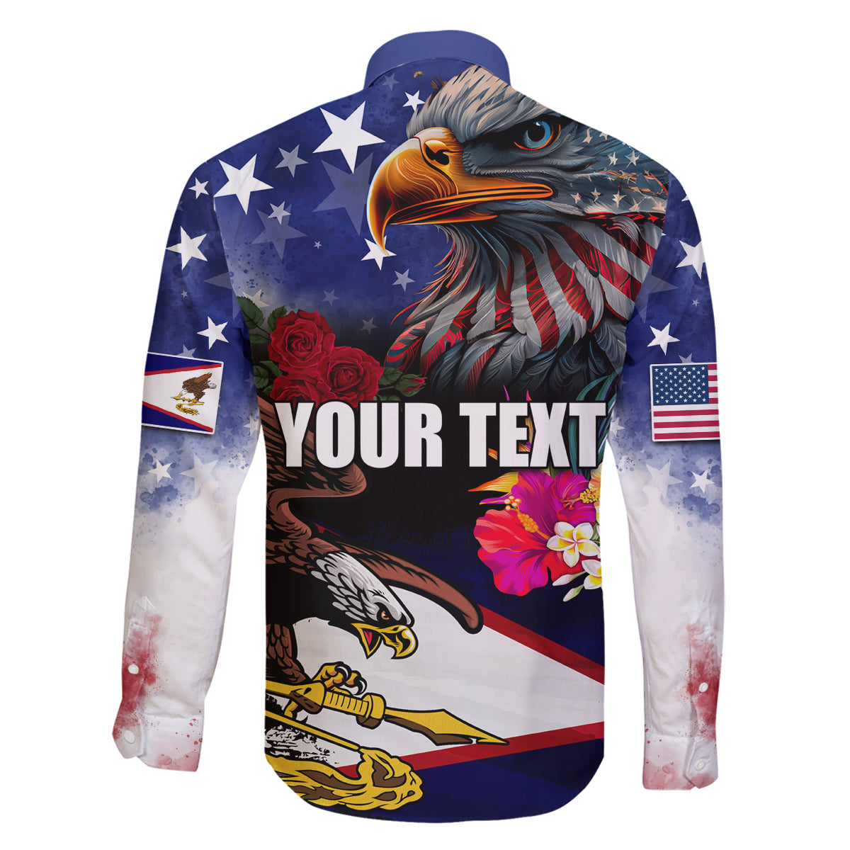 Personalised United States and American Samoa Family Matching Off Shoulder Short Dress and Hawaiian Shirt Bald Eagle Rose and Hibiscus Flower LT03 - Polynesian Pride