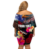 Personalised United States and American Samoa Family Matching Off Shoulder Short Dress and Hawaiian Shirt Bald Eagle Rose and Hibiscus Flower LT03 - Polynesian Pride