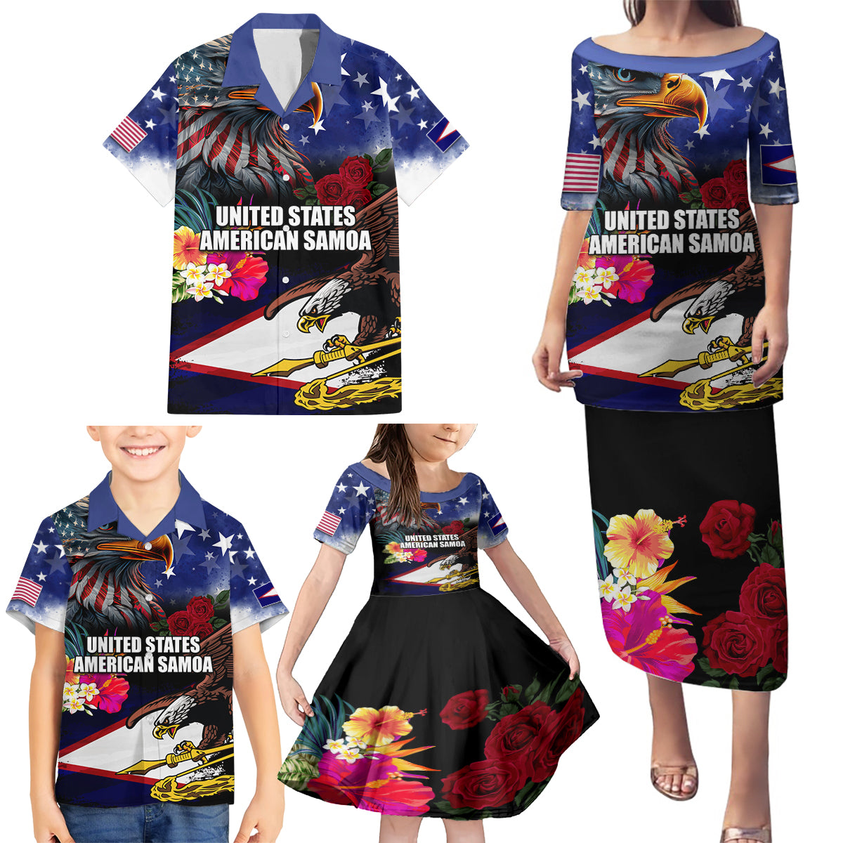 Personalised United States and American Samoa Family Matching Puletasi and Hawaiian Shirt Bald Eagle Rose and Hibiscus Flower LT03 - Polynesian Pride