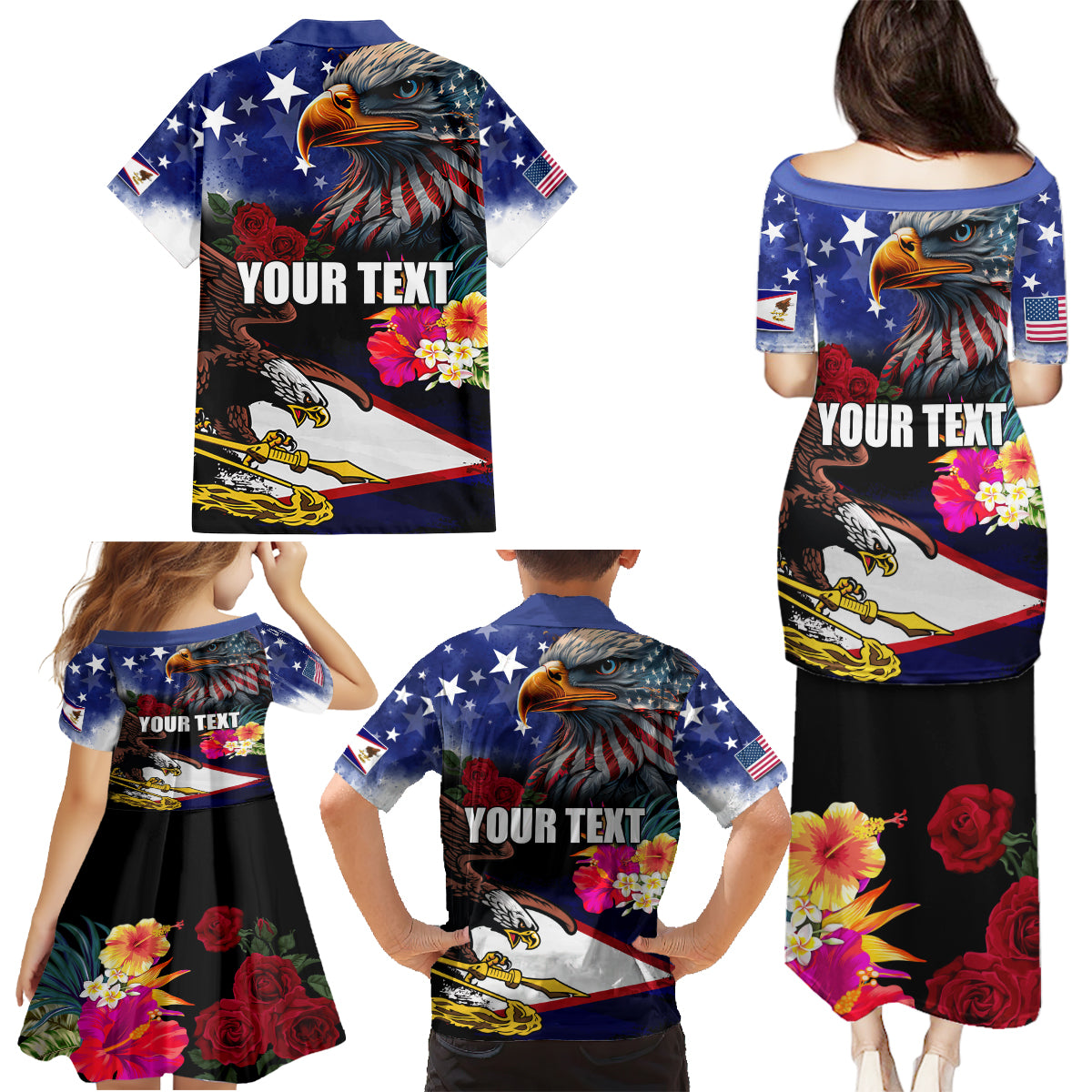 Personalised United States and American Samoa Family Matching Puletasi and Hawaiian Shirt Bald Eagle Rose and Hibiscus Flower LT03 - Polynesian Pride