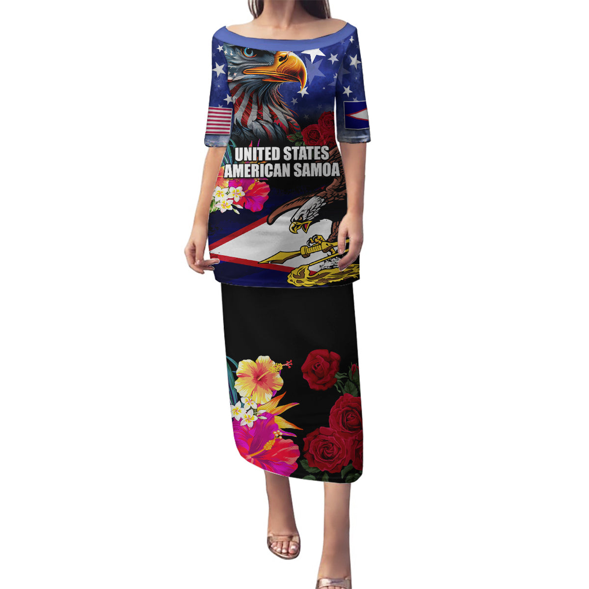 Personalised United States and American Samoa Family Matching Puletasi and Hawaiian Shirt Bald Eagle Rose and Hibiscus Flower LT03 Mom's Dress Blue - Polynesian Pride