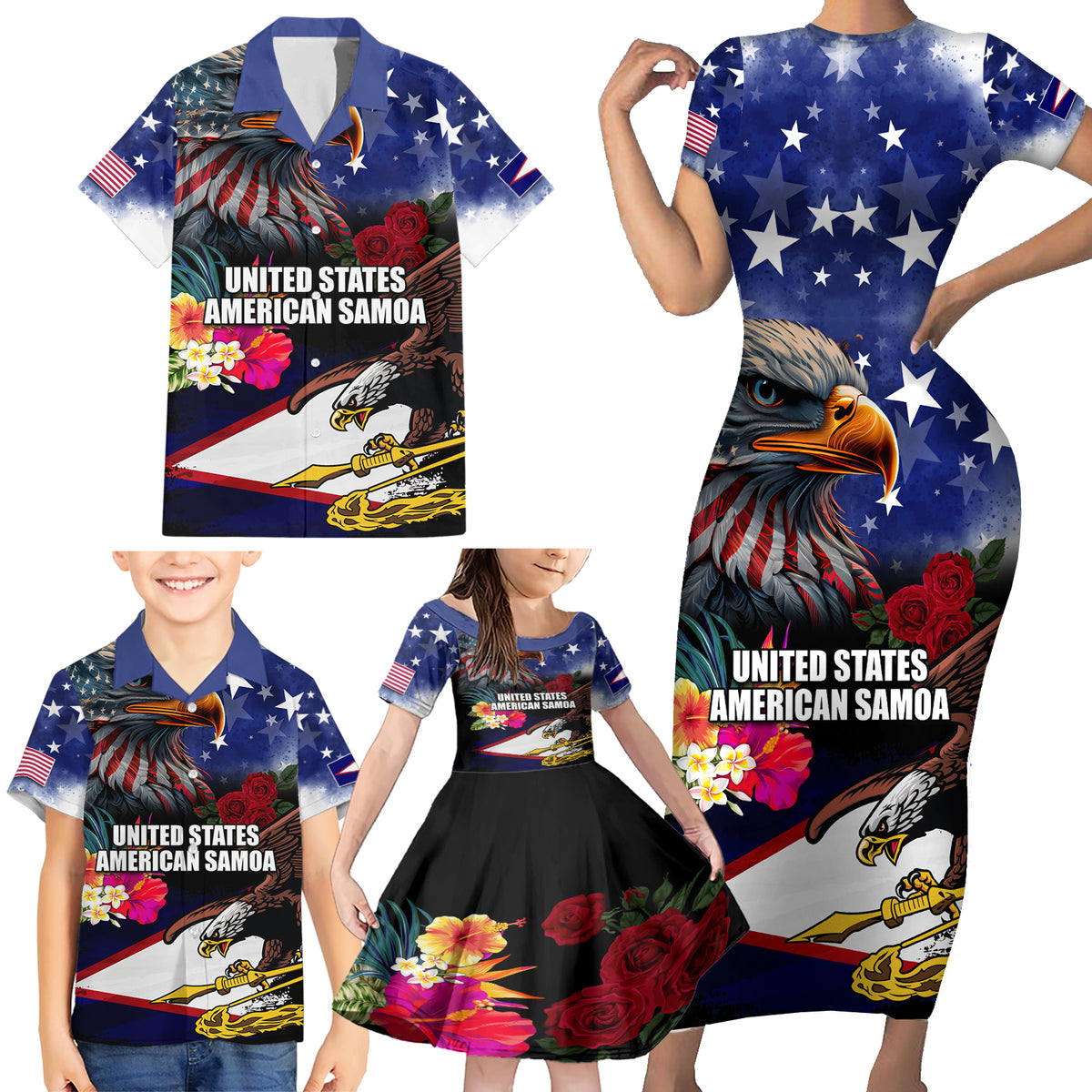 Personalised United States and American Samoa Family Matching Short Sleeve Bodycon Dress and Hawaiian Shirt Bald Eagle Rose and Hibiscus Flower LT03 - Polynesian Pride