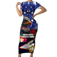 Personalised United States and American Samoa Family Matching Short Sleeve Bodycon Dress and Hawaiian Shirt Bald Eagle Rose and Hibiscus Flower LT03 Mom's Dress Blue - Polynesian Pride