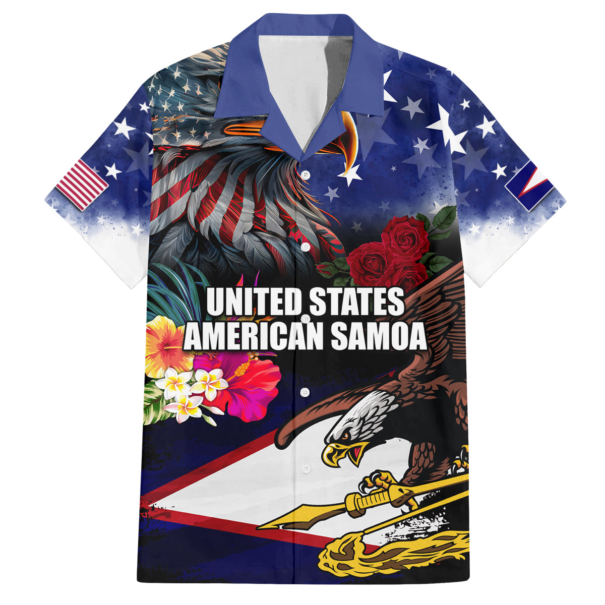 Personalised United States and American Samoa Family Matching Summer Maxi Dress and Hawaiian Shirt Bald Eagle Rose and Hibiscus Flower LT03 Dad's Shirt - Short Sleeve Blue - Polynesian Pride