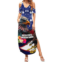 Personalised United States and American Samoa Family Matching Summer Maxi Dress and Hawaiian Shirt Bald Eagle Rose and Hibiscus Flower LT03 Mom's Dress Blue - Polynesian Pride