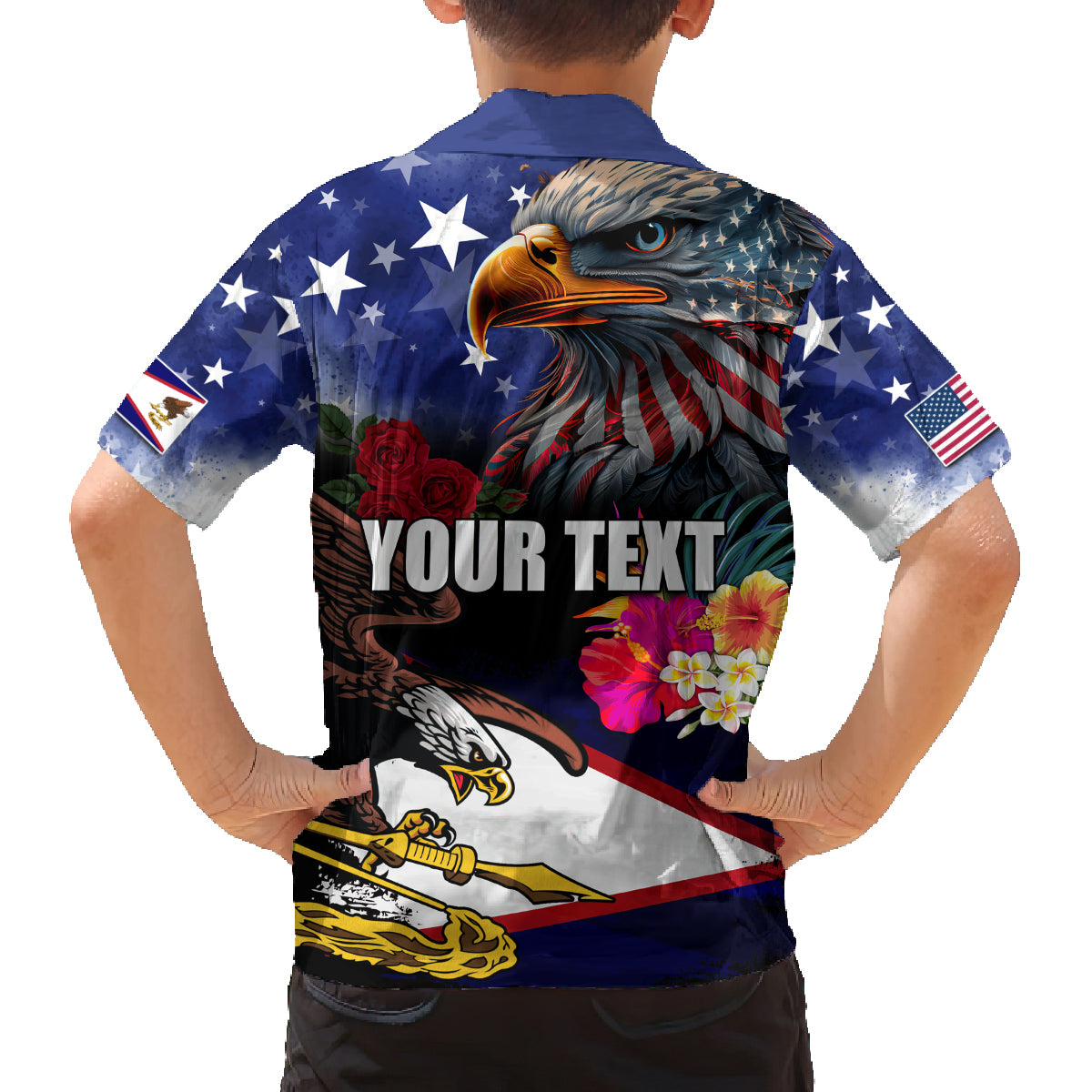 Personalised United States and American Samoa Family Matching Tank Maxi Dress and Hawaiian Shirt Bald Eagle Rose and Hibiscus Flower LT03 - Polynesian Pride