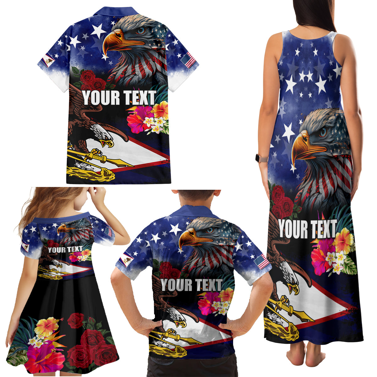 Personalised United States and American Samoa Family Matching Tank Maxi Dress and Hawaiian Shirt Bald Eagle Rose and Hibiscus Flower LT03 - Polynesian Pride