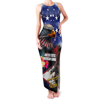 Personalised United States and American Samoa Family Matching Tank Maxi Dress and Hawaiian Shirt Bald Eagle Rose and Hibiscus Flower LT03 Mom's Dress Blue - Polynesian Pride