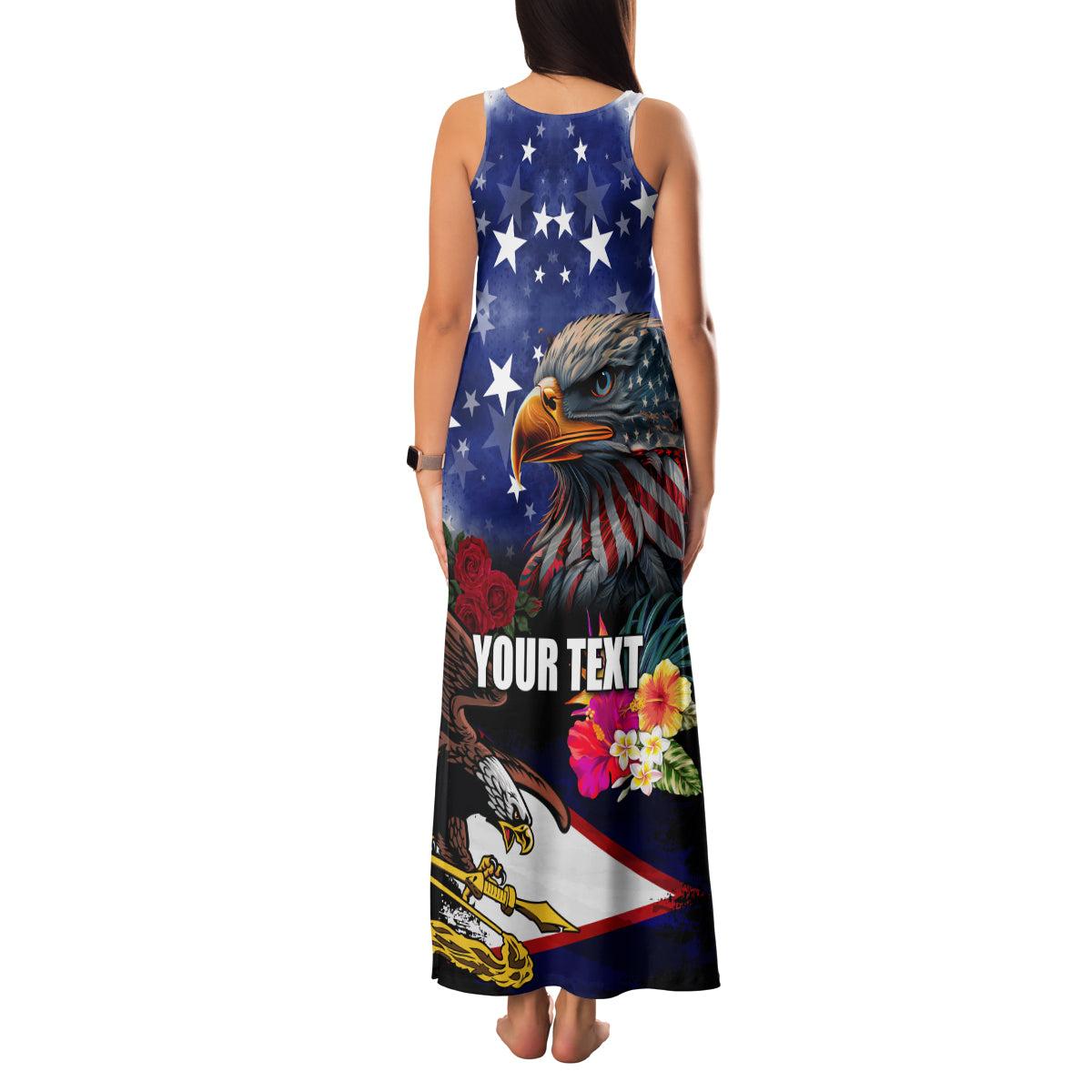 Personalised United States and American Samoa Family Matching Tank Maxi Dress and Hawaiian Shirt Bald Eagle Rose and Hibiscus Flower LT03 - Polynesian Pride